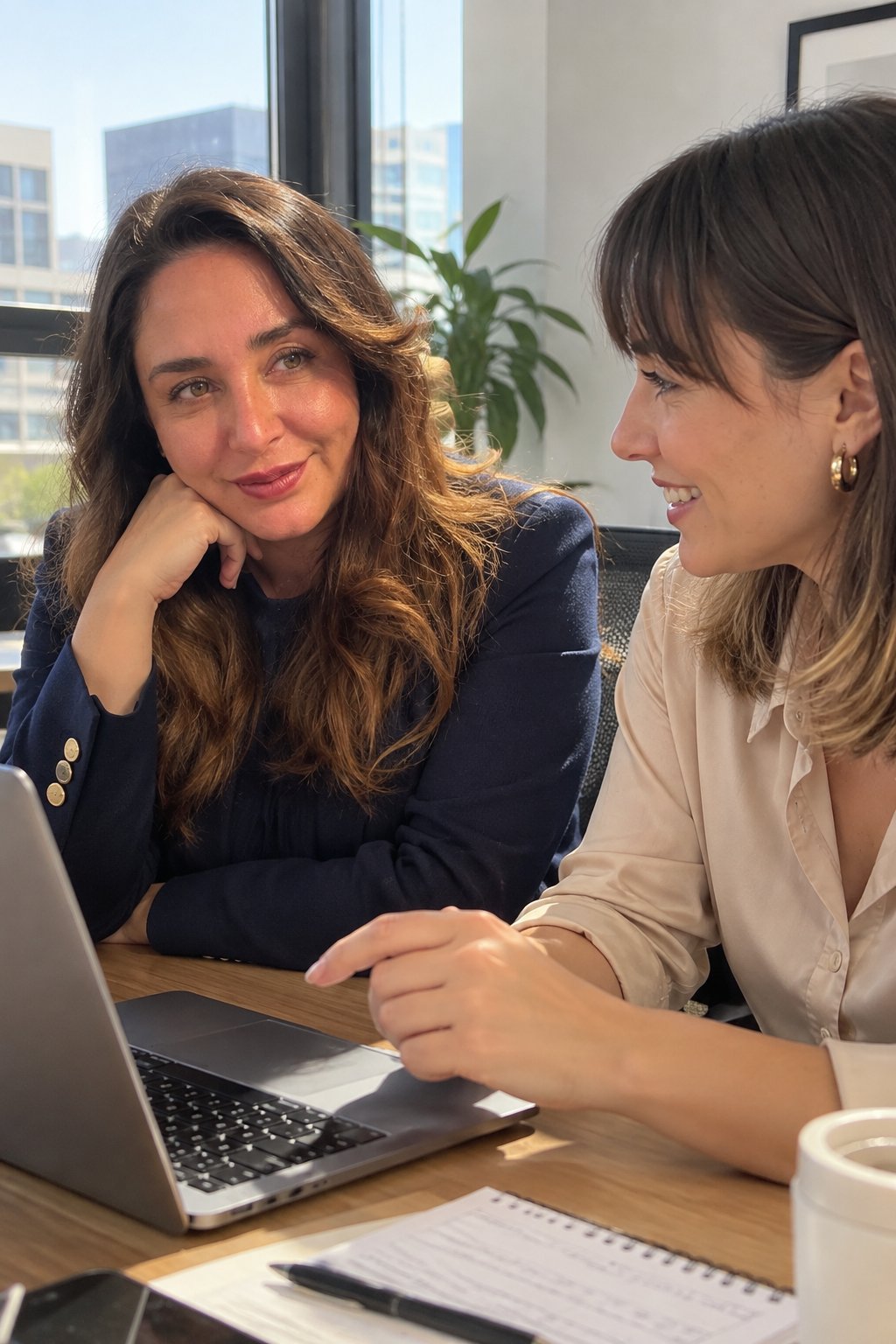 María Francisca Cerda y Fernanda Cerda conversando en la oficina de CCV Seguros